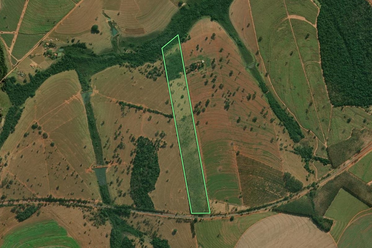 Imagem de satélite do imóvel rural em Cosmorama (SP), com o contorno declarado no CAR desenhado por cima.