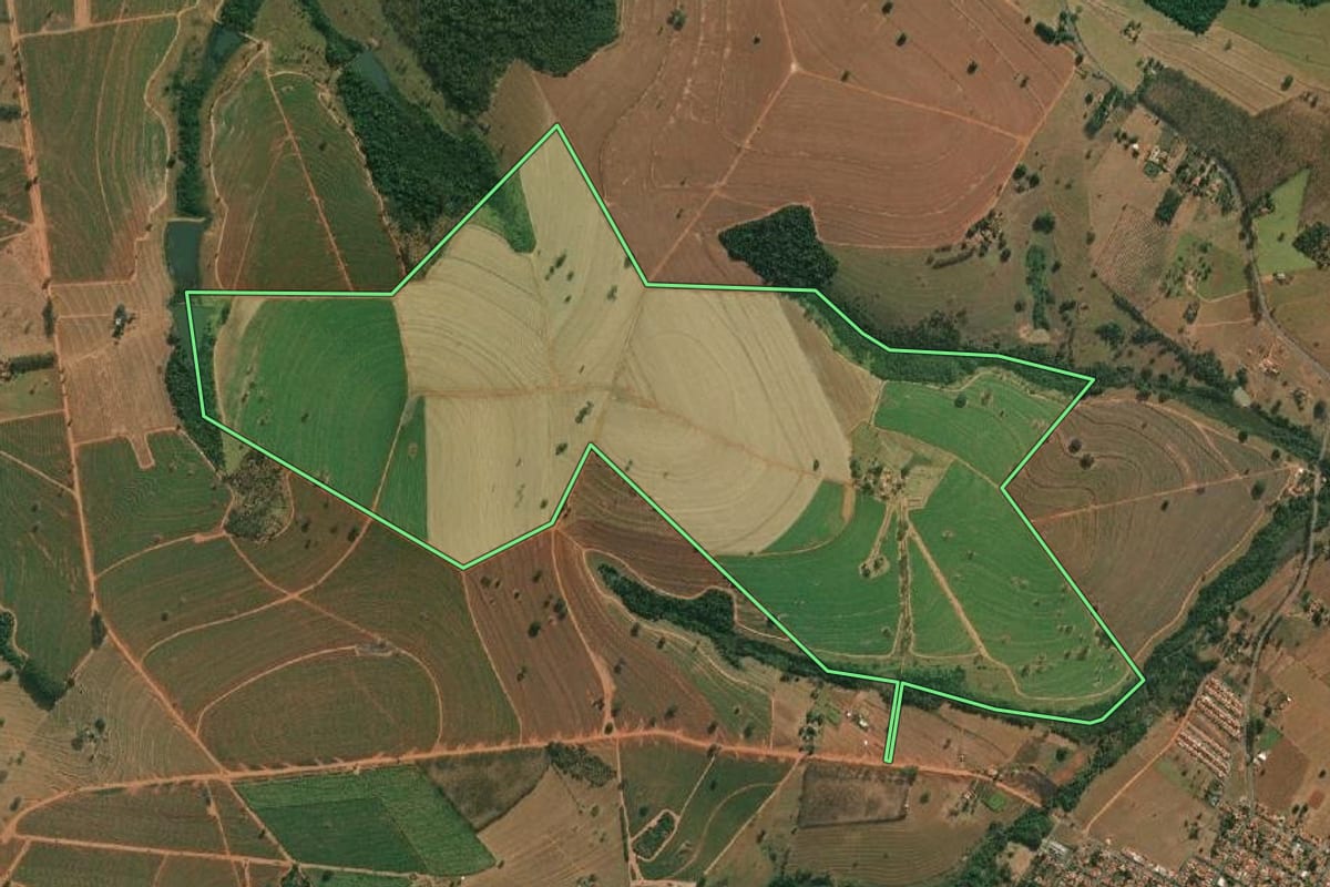 Imagem de satélite do imóvel rural em Cosmorama (SP), com o contorno declarado no CAR desenhado por cima.