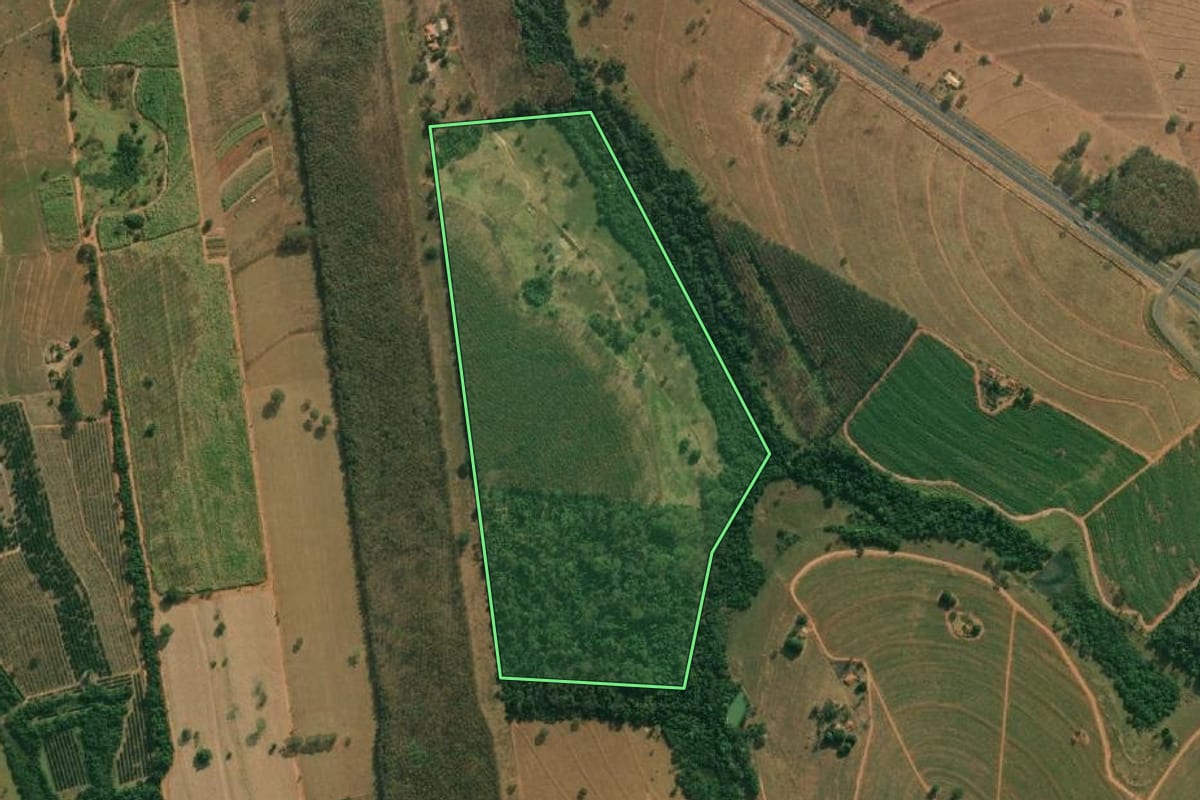 Imagem de satélite do imóvel rural em Cosmorama (SP), com o contorno declarado no CAR desenhado por cima.