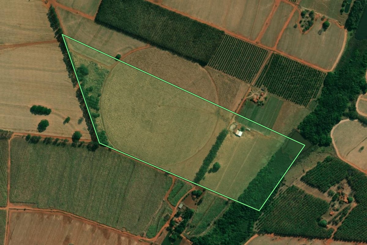 Imagem de satélite do imóvel rural em Cosmorama (SP), com o contorno declarado no CAR desenhado por cima.