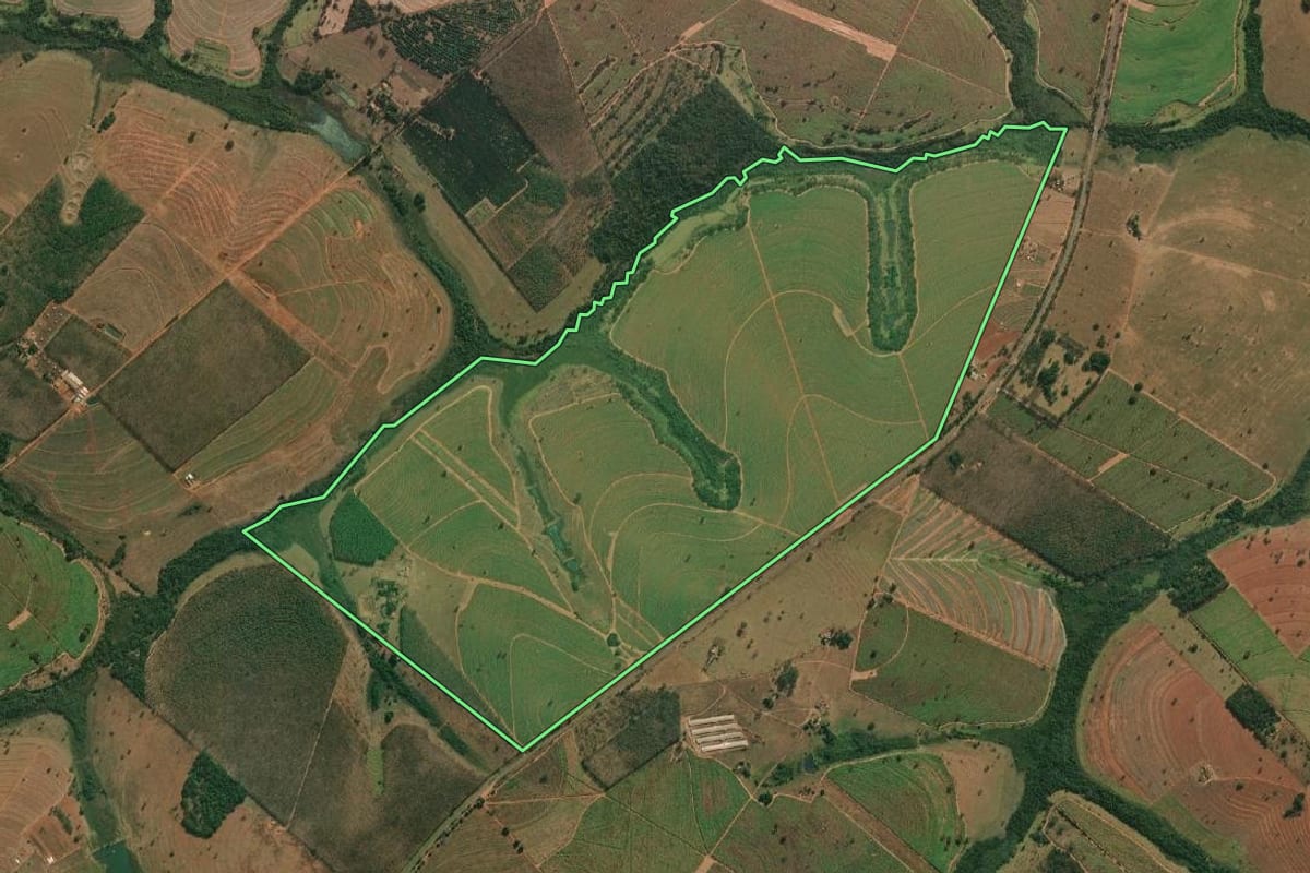 Imagem de satélite do imóvel rural em Cosmorama (SP), com o contorno declarado no CAR desenhado por cima.