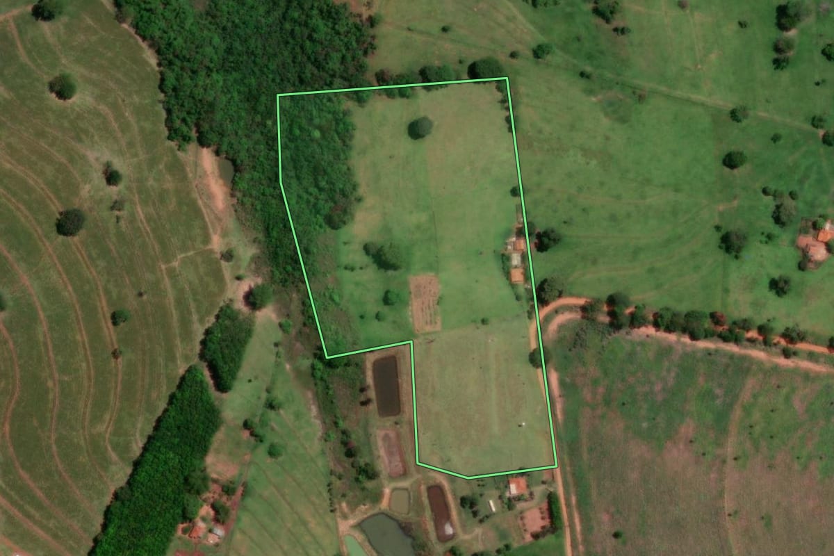Imagem de satélite do imóvel rural em Cosmorama (SP), com o contorno declarado no CAR desenhado por cima.