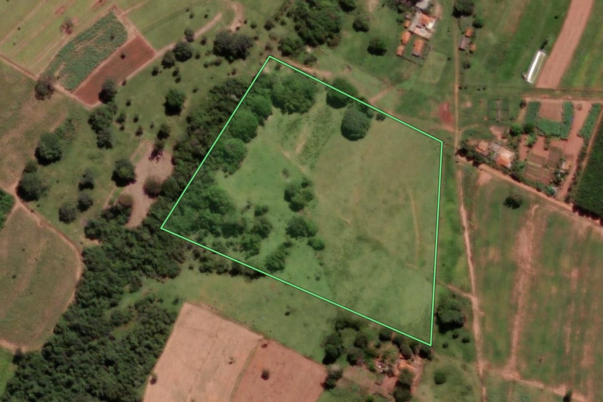 Imagem de satélite do imóvel rural em Cosmorama (SP), com o contorno declarado no CAR desenhado por cima.