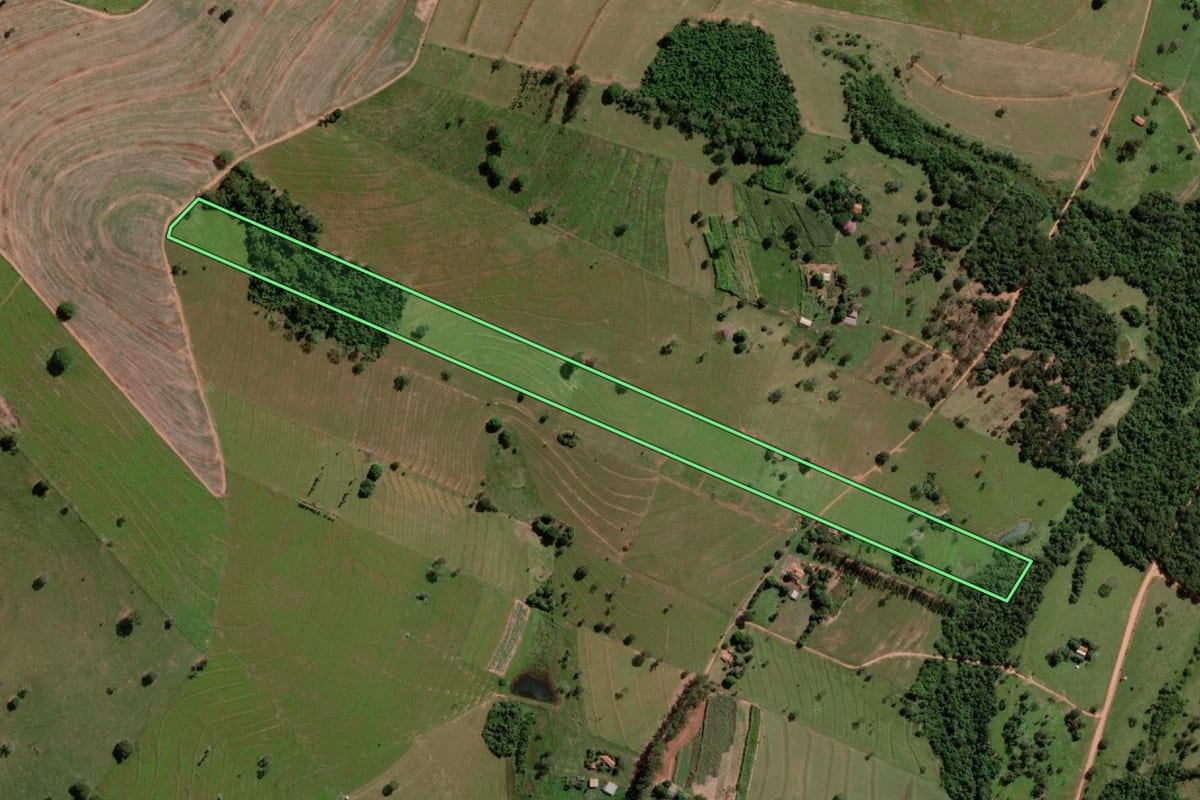 Imagem de satélite do imóvel rural em Cosmorama (SP), com o contorno declarado no CAR desenhado por cima.