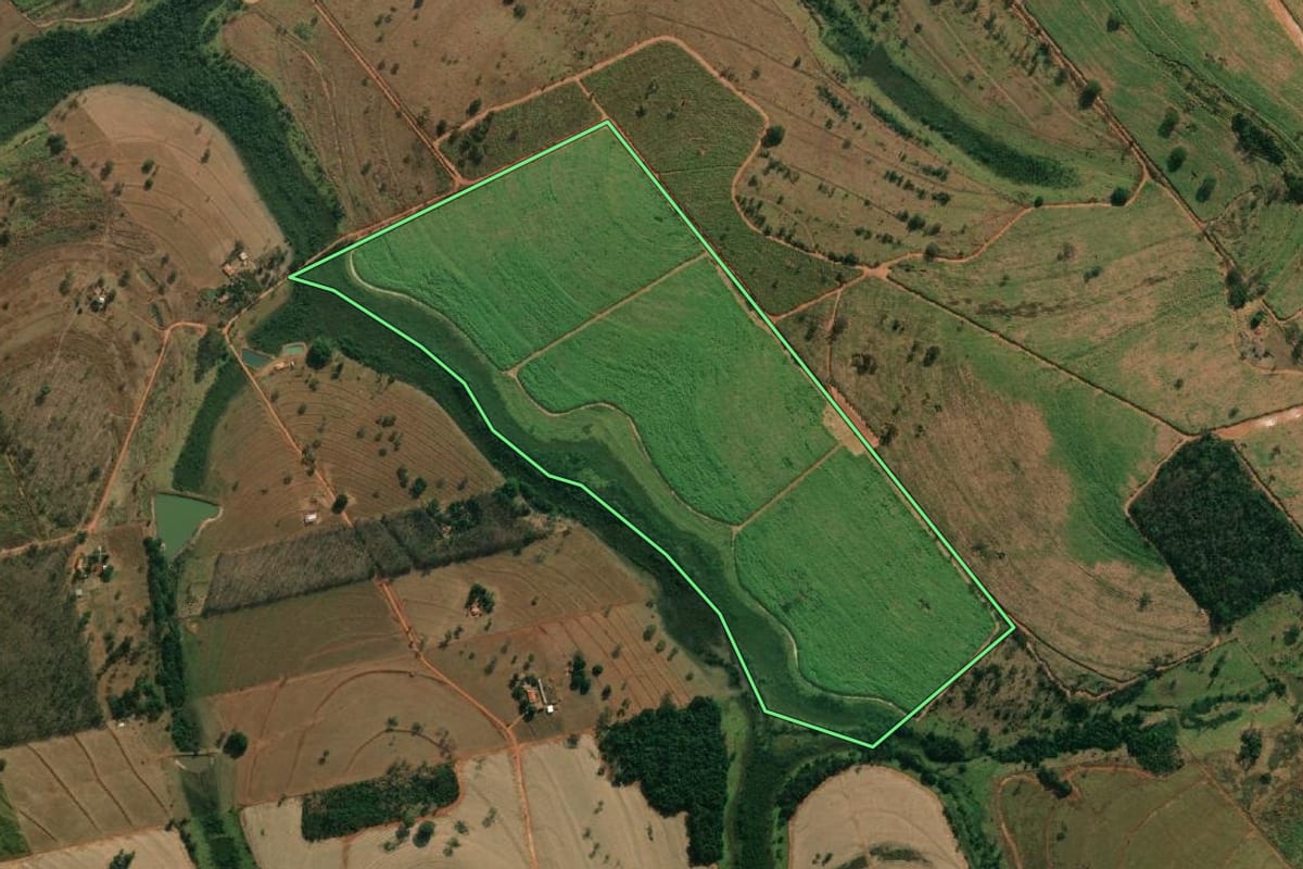 Imagem de satélite do imóvel rural em Cosmorama (SP), com o contorno declarado no CAR desenhado por cima.