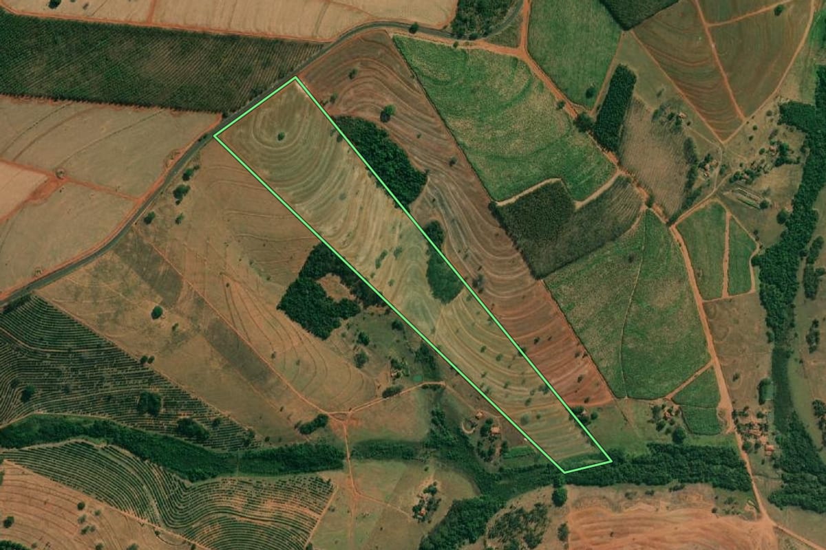 Imagem de satélite do imóvel rural em Cosmorama (SP), com o contorno declarado no CAR desenhado por cima.