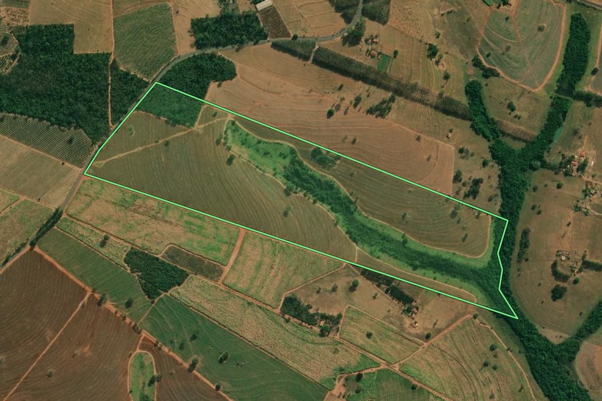 Imagem de satélite do imóvel rural em Cosmorama (SP), com o contorno declarado no CAR desenhado por cima.