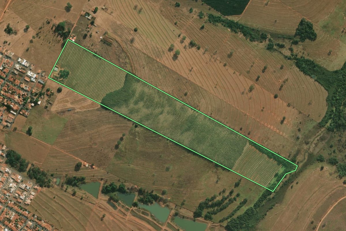 Imagem de satélite do imóvel rural em Cosmorama (SP), com o contorno declarado no CAR desenhado por cima.