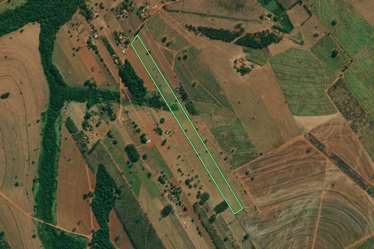 Imagem de satélite do imóvel rural em Cosmorama (SP), com o contorno declarado no CAR desenhado por cima.