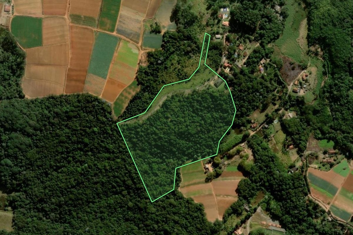 Imagem de satélite do imóvel rural em Cotia (SP), com o contorno declarado no CAR desenhado por cima.