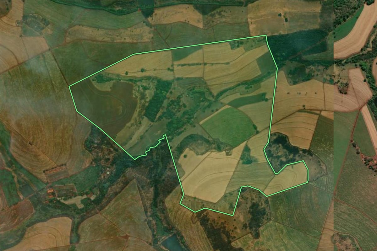 Imagem de satélite do imóvel rural em Cravinhos (SP), com o contorno declarado no CAR desenhado por cima.