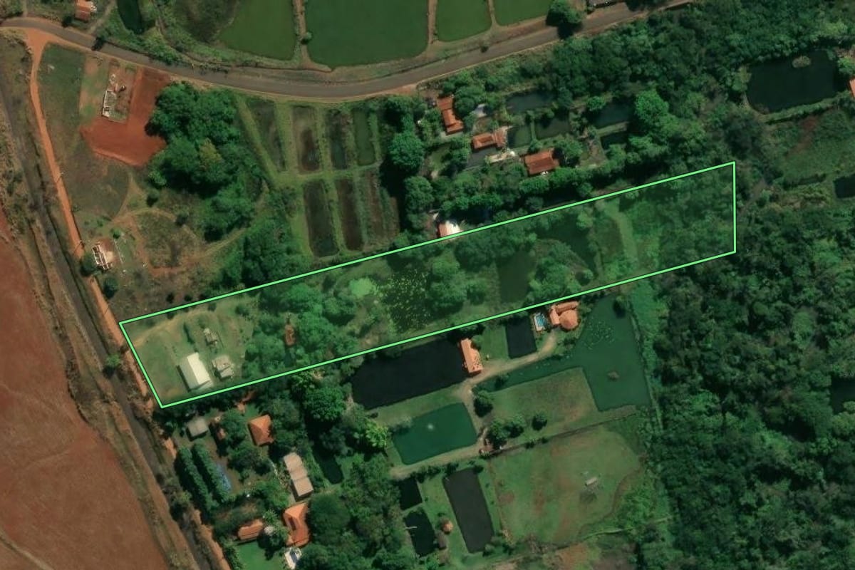 Imagem de satélite do imóvel rural em Cravinhos (SP), com o contorno declarado no CAR desenhado por cima.