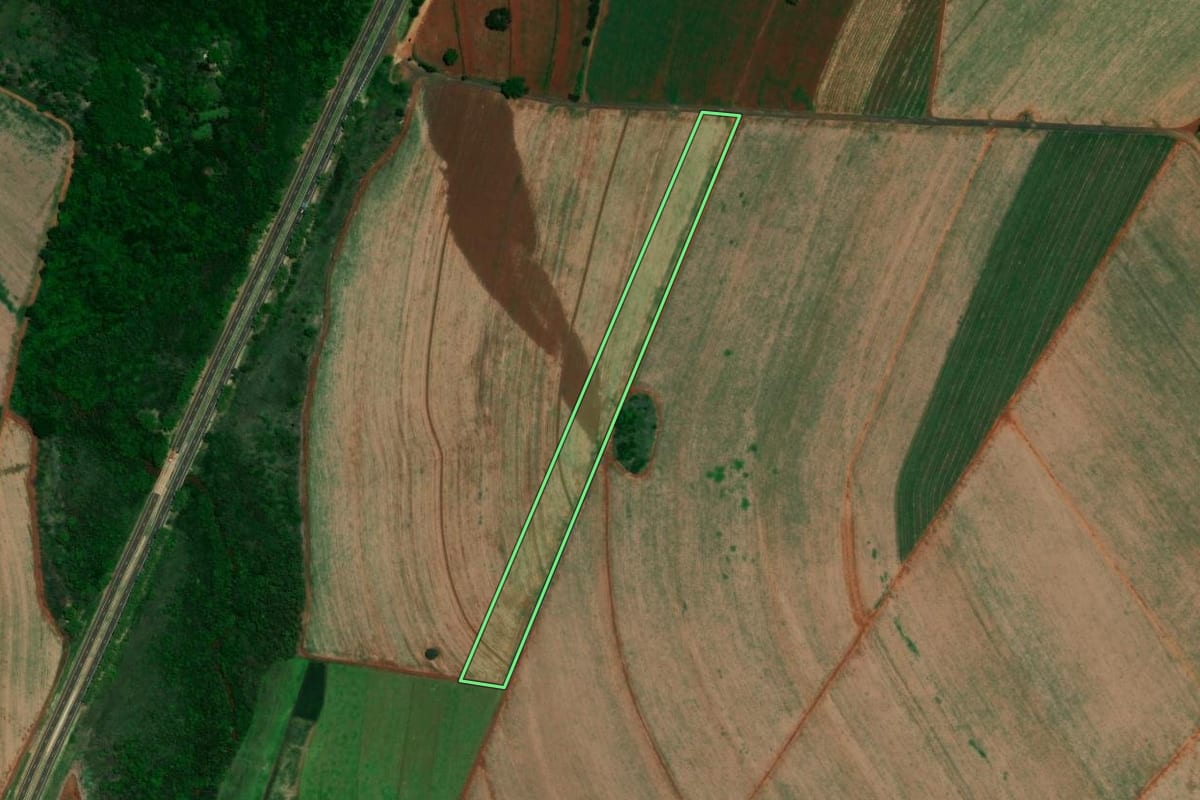 Imagem de satélite do imóvel rural em Cravinhos (SP), com o contorno declarado no CAR desenhado por cima.
