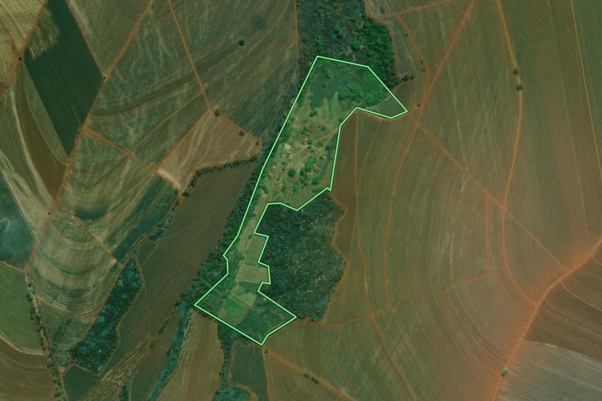 Imagem de satélite do imóvel rural em Cravinhos (SP), com o contorno declarado no CAR desenhado por cima.