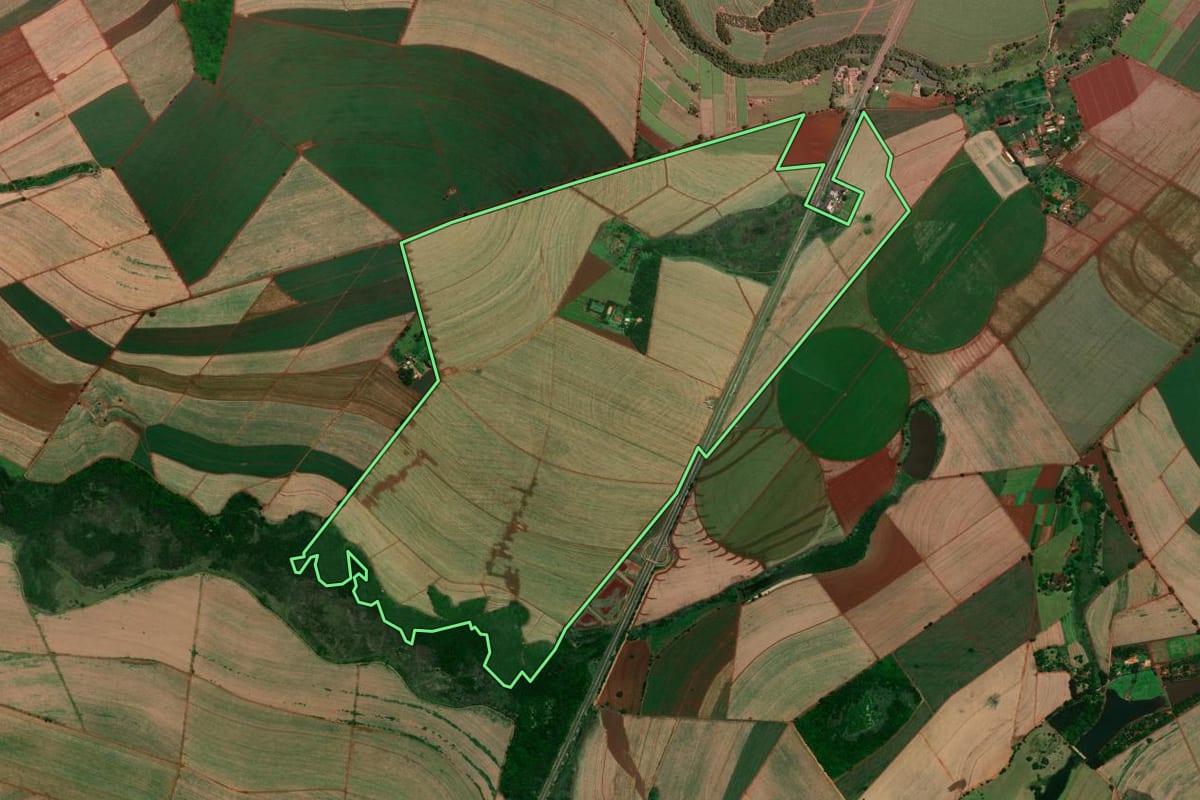 Imagem de satélite do imóvel rural em Cravinhos (SP), com o contorno declarado no CAR desenhado por cima.