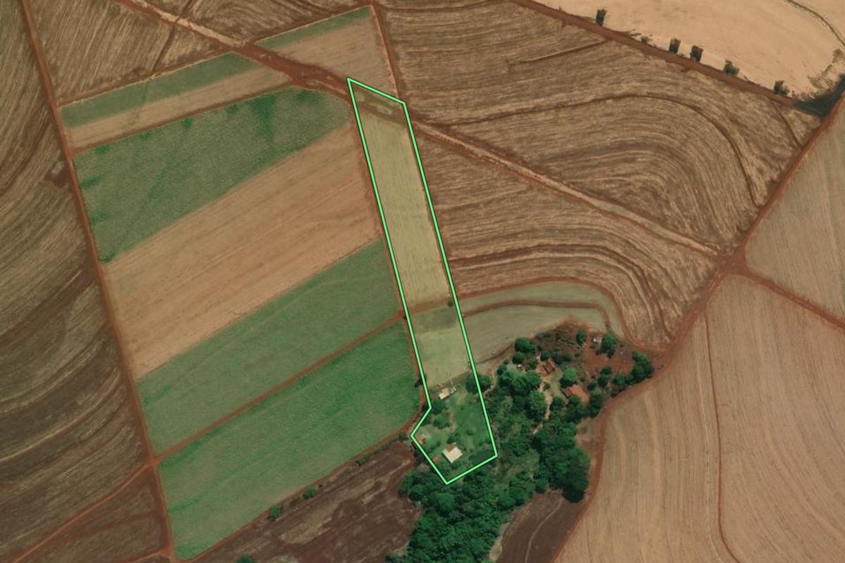 Imagem de satélite do imóvel rural em Cravinhos (SP), com o contorno declarado no CAR desenhado por cima.