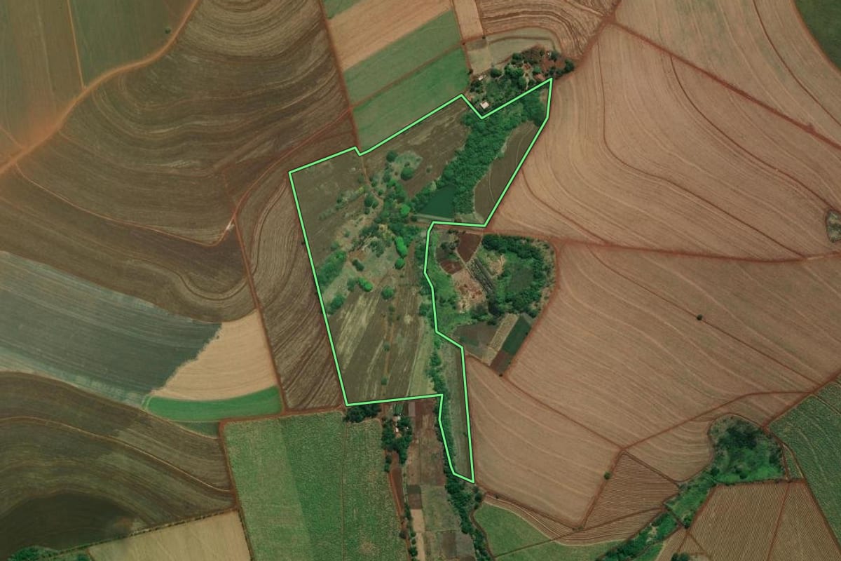 Imagem de satélite do imóvel rural em Cravinhos (SP), com o contorno declarado no CAR desenhado por cima.