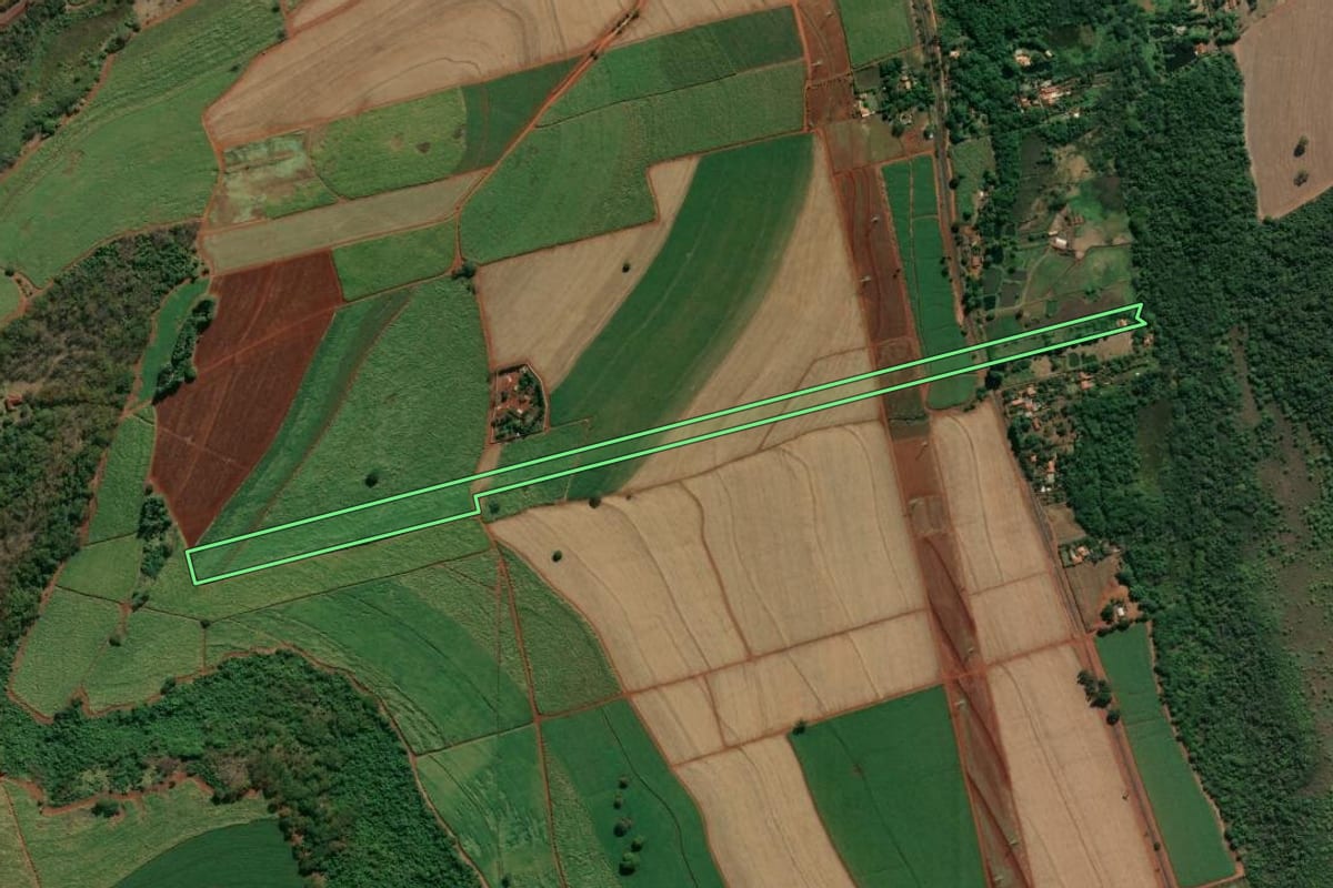 Imagem de satélite do imóvel rural em Cravinhos (SP), com o contorno declarado no CAR desenhado por cima.