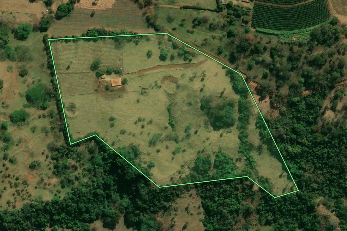 Imagem de satélite do imóvel rural em Cristais Paulista (SP), com o contorno declarado no CAR desenhado por cima.
