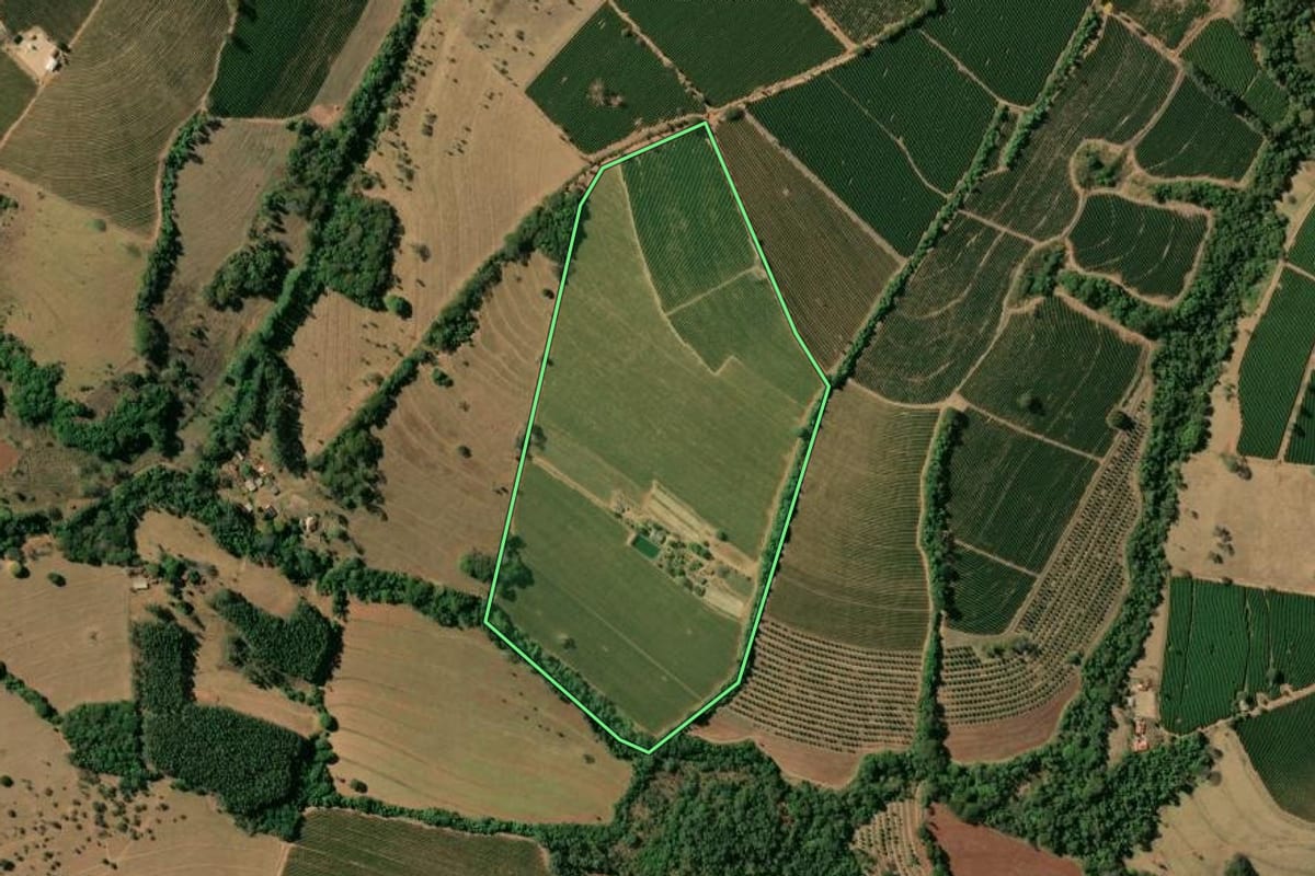 Imagem de satélite do imóvel rural em Cristais Paulista (SP), com o contorno declarado no CAR desenhado por cima.