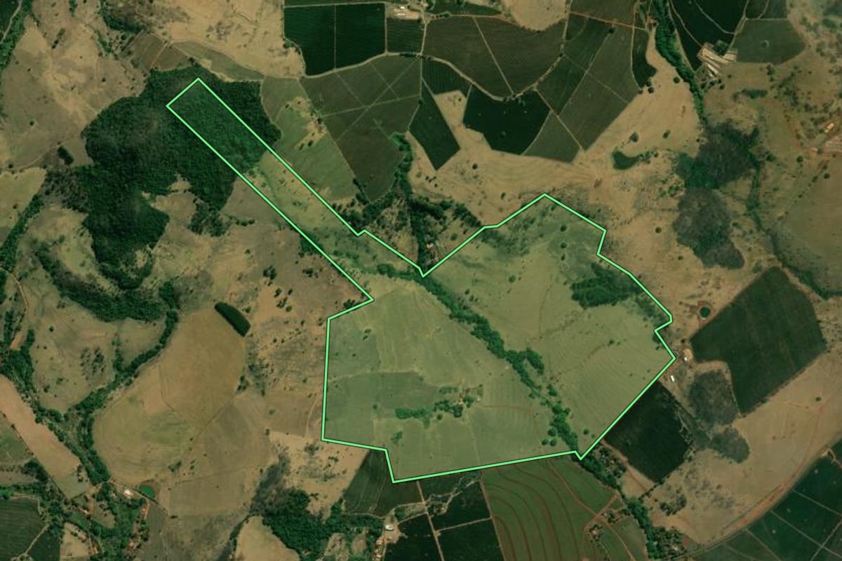 Imagem de satélite do imóvel rural em Cristais Paulista (SP), com o contorno declarado no CAR desenhado por cima.
