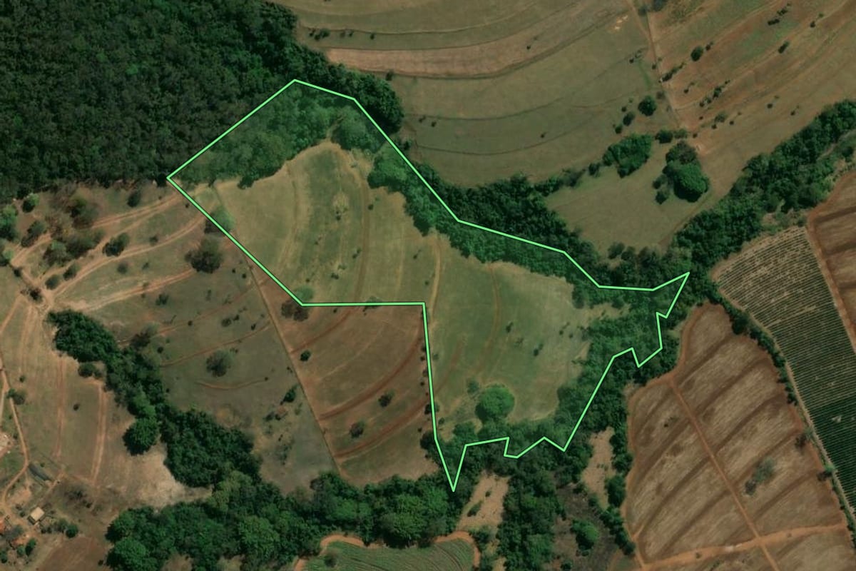 Imagem de satélite do imóvel rural em Cristais Paulista (SP), com o contorno declarado no CAR desenhado por cima.