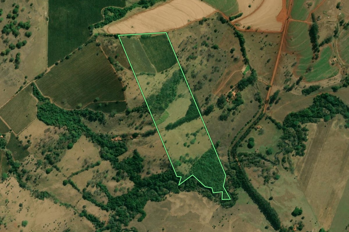 Imagem de satélite do imóvel rural em Cristais Paulista (SP), com o contorno declarado no CAR desenhado por cima.