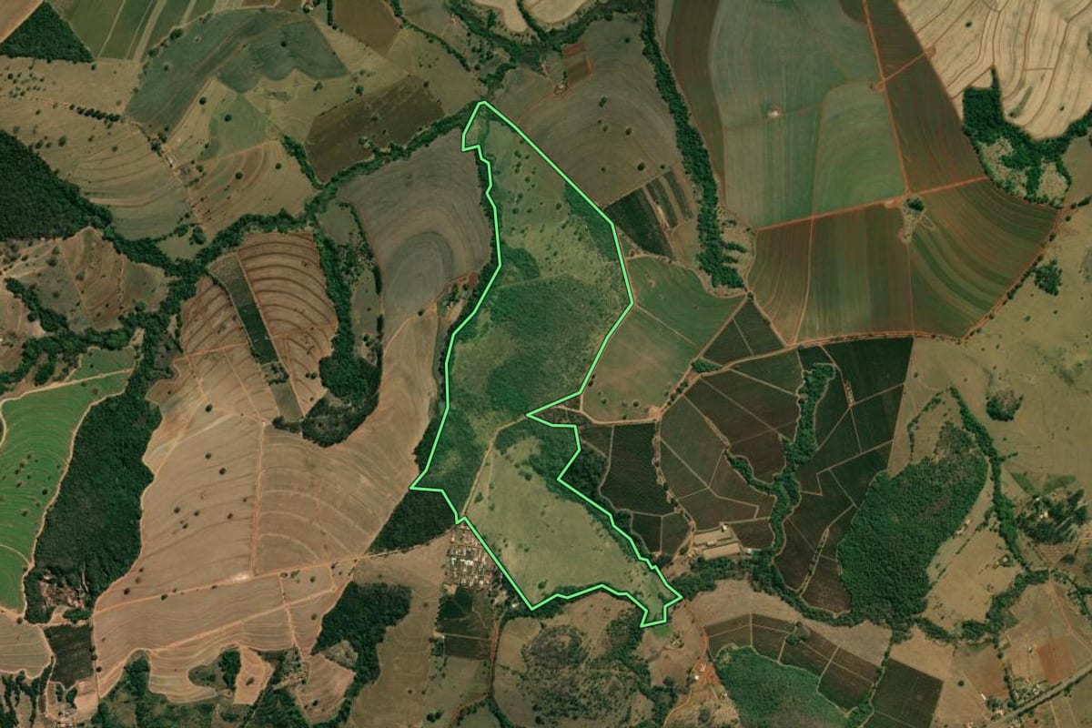 Imagem de satélite do imóvel rural em Cristais Paulista (SP), com o contorno declarado no CAR desenhado por cima.