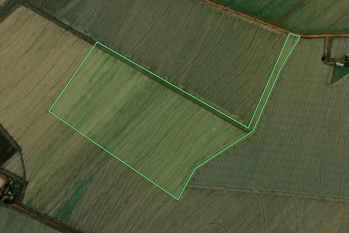 Imagem de satélite do imóvel rural em Cruzália (SP), com o contorno declarado no CAR desenhado por cima.