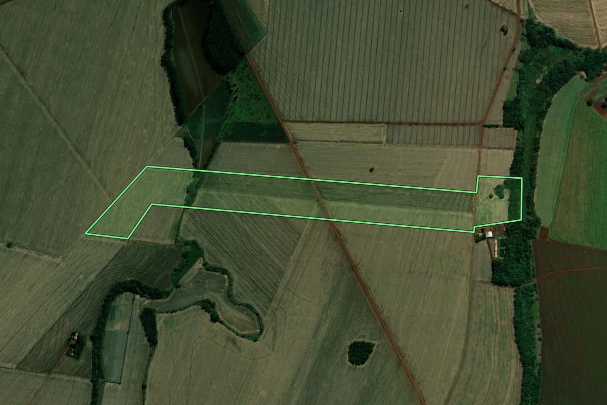 Imagem de satélite do imóvel rural em Cruzália (SP), com o contorno declarado no CAR desenhado por cima.