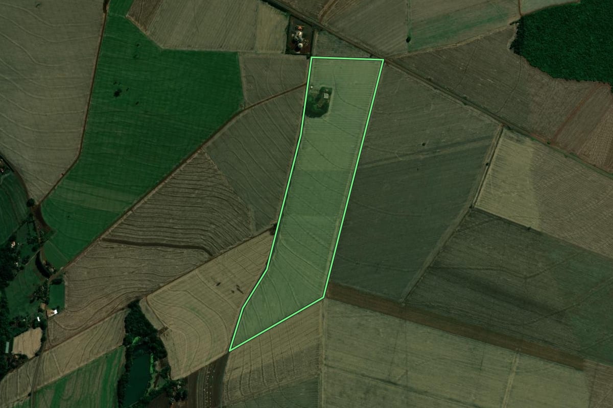 Imagem de satélite do imóvel rural em Cruzália (SP), com o contorno declarado no CAR desenhado por cima.