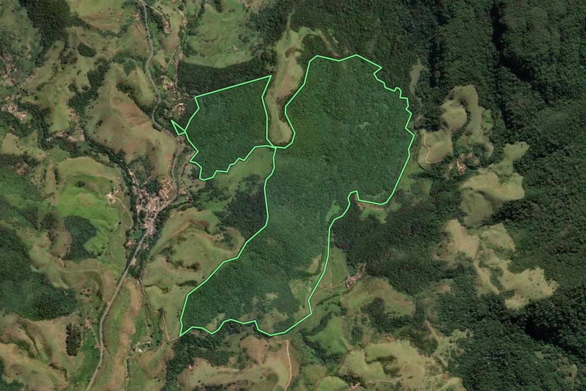 Imagem de satélite do imóvel rural em Cruzeiro (SP), com o contorno declarado no CAR desenhado por cima.