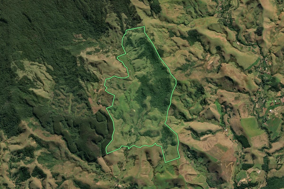 Imagem de satélite do imóvel rural em Cruzeiro (SP), com o contorno declarado no CAR desenhado por cima.