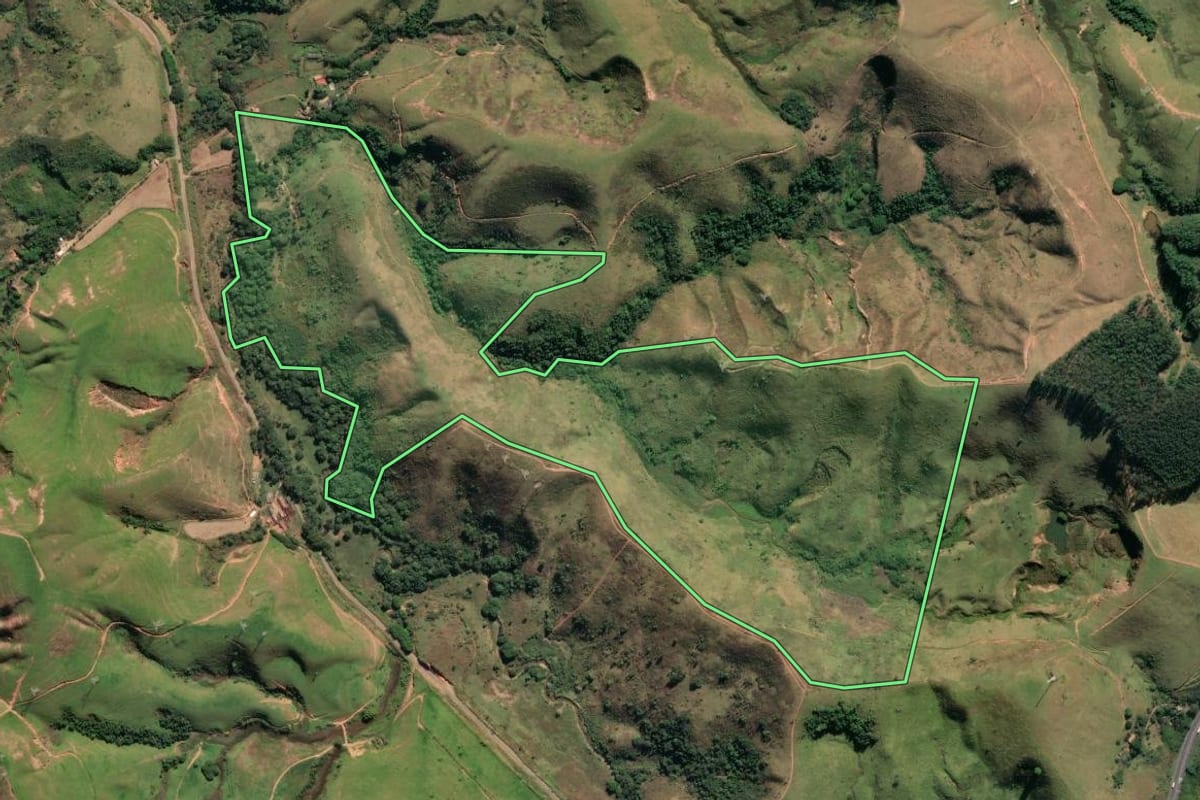 Imagem de satélite do imóvel rural em Cruzeiro (SP), com o contorno declarado no CAR desenhado por cima.