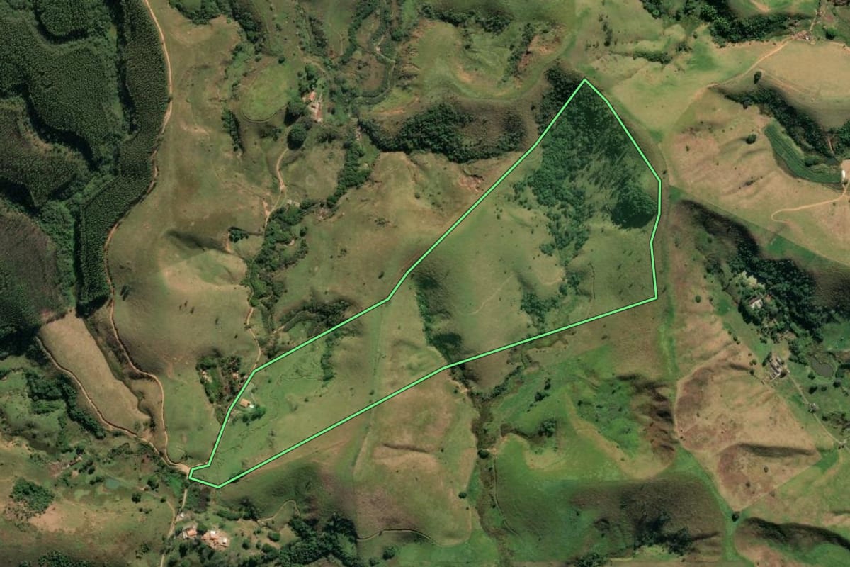 Imagem de satélite do imóvel rural em Cruzeiro (SP), com o contorno declarado no CAR desenhado por cima.