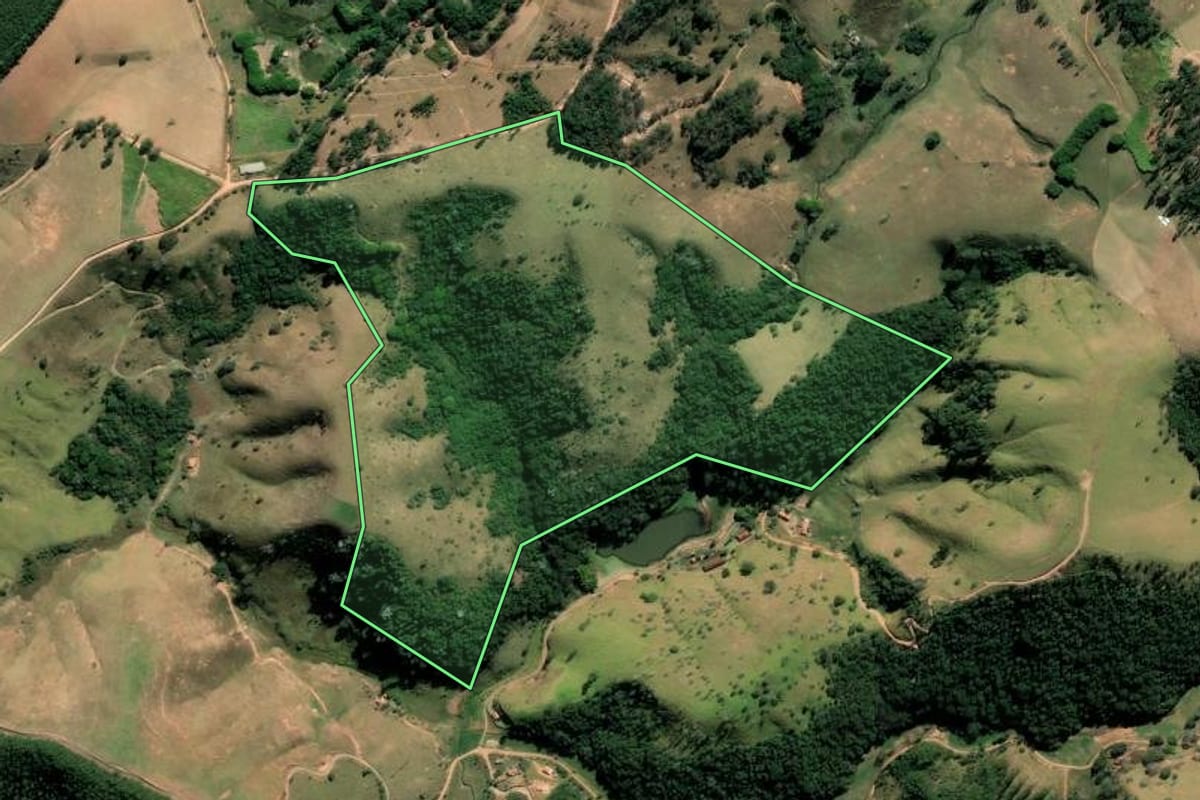 Imagem de satélite do imóvel rural em Cunha (SP), com o contorno declarado no CAR desenhado por cima.