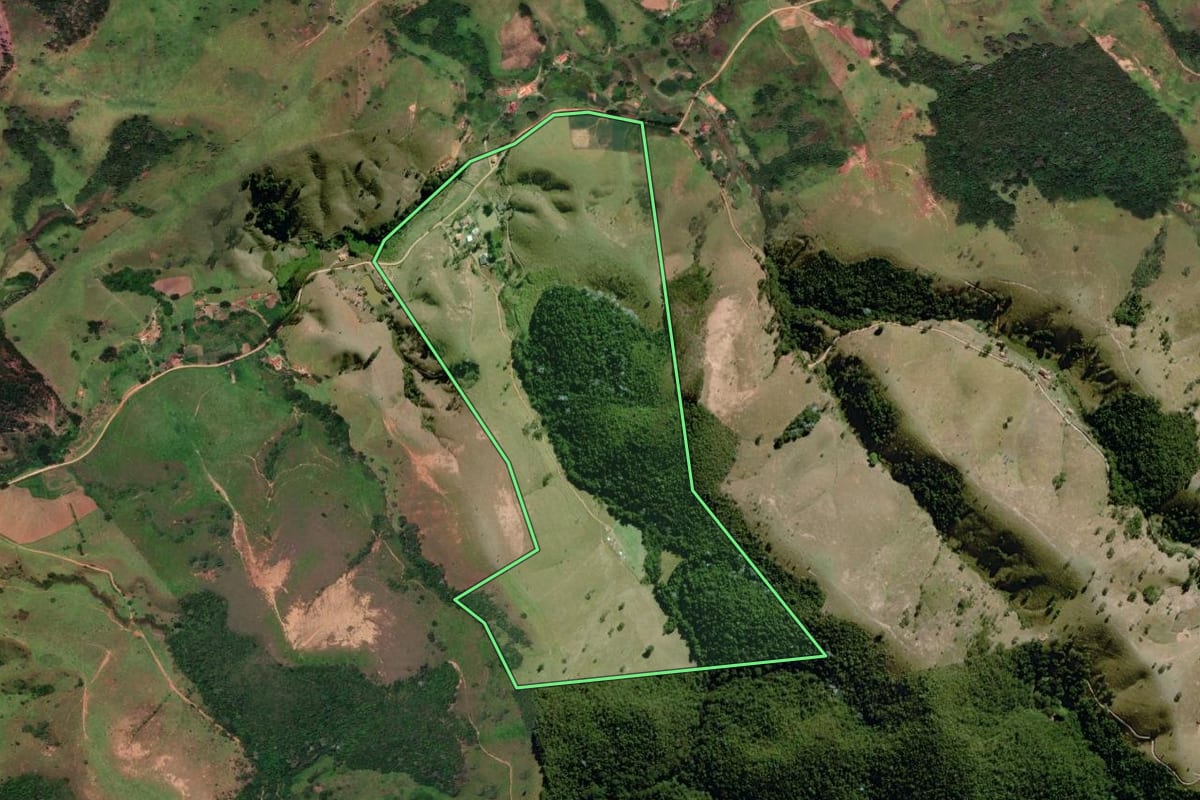 Imagem de satélite do imóvel rural em Cunha (SP), com o contorno declarado no CAR desenhado por cima.