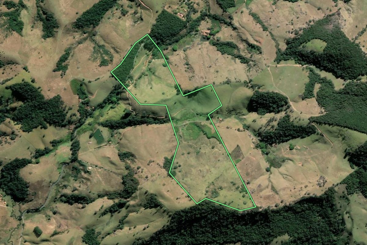 Imagem de satélite do imóvel rural em Cunha (SP), com o contorno declarado no CAR desenhado por cima.