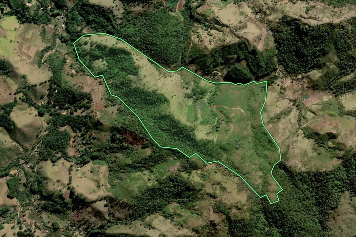 Imagem de satélite do imóvel rural em Cunha (SP), com o contorno declarado no CAR desenhado por cima.
