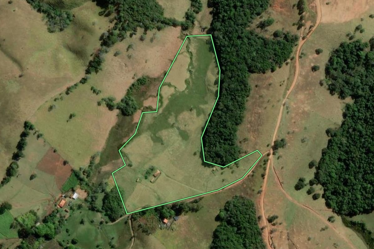 Imagem de satélite do imóvel rural em Cunha (SP), com o contorno declarado no CAR desenhado por cima.