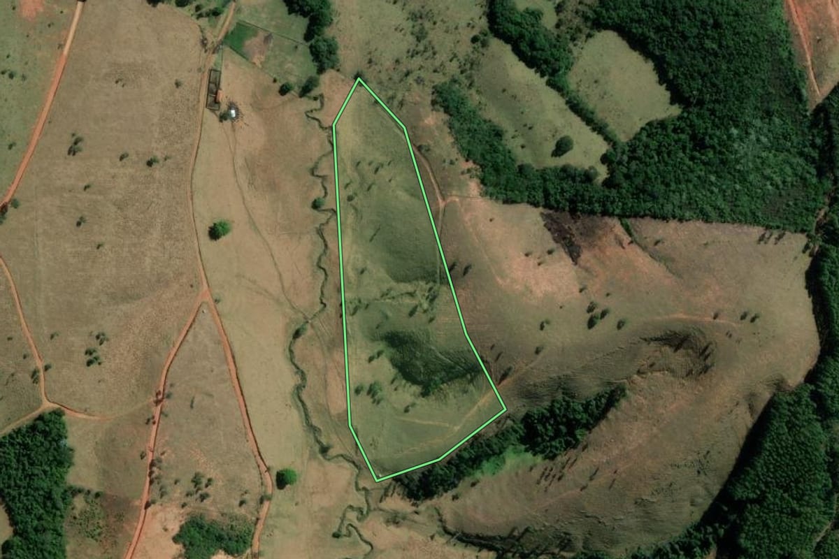 Imagem de satélite do imóvel rural em Cunha (SP), com o contorno declarado no CAR desenhado por cima.
