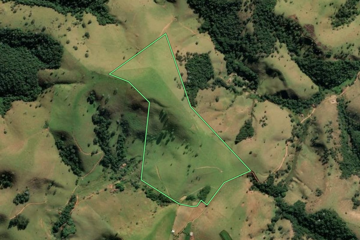 Imagem de satélite do imóvel rural em Cunha (SP), com o contorno declarado no CAR desenhado por cima.