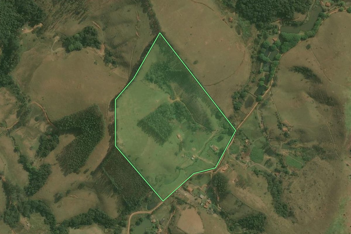 Imagem de satélite do imóvel rural em Cunha (SP), com o contorno declarado no CAR desenhado por cima.