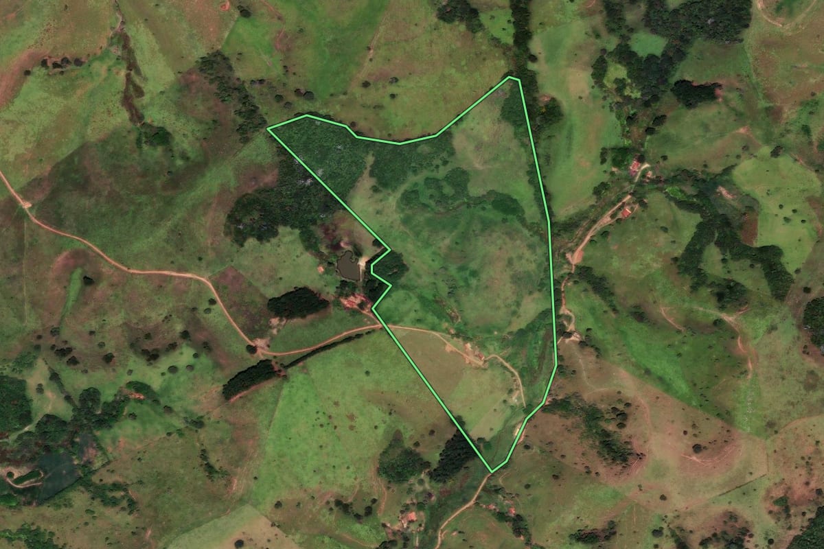 Imagem de satélite do imóvel rural em Cunha (SP), com o contorno declarado no CAR desenhado por cima.