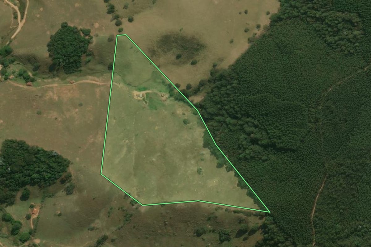 Imagem de satélite do imóvel rural em Cunha (SP), com o contorno declarado no CAR desenhado por cima.