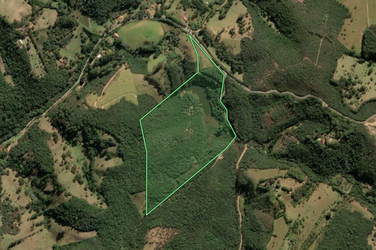 Imagem de satélite do imóvel rural em Cunha (SP), com o contorno declarado no CAR desenhado por cima.