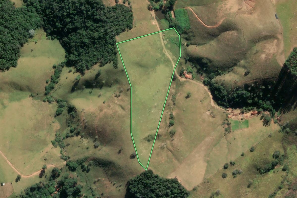 Imagem de satélite do imóvel rural em Cunha (SP), com o contorno declarado no CAR desenhado por cima.