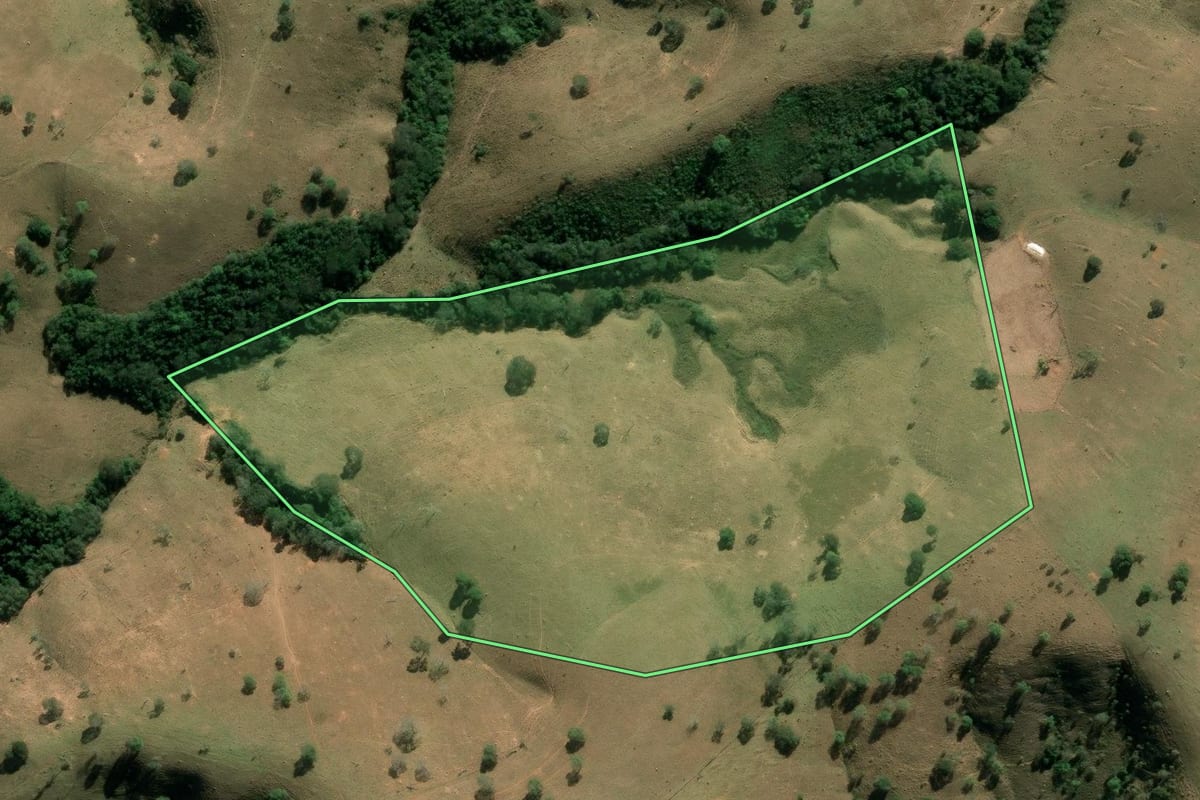 Imagem de satélite do imóvel rural em Cunha (SP), com o contorno declarado no CAR desenhado por cima.
