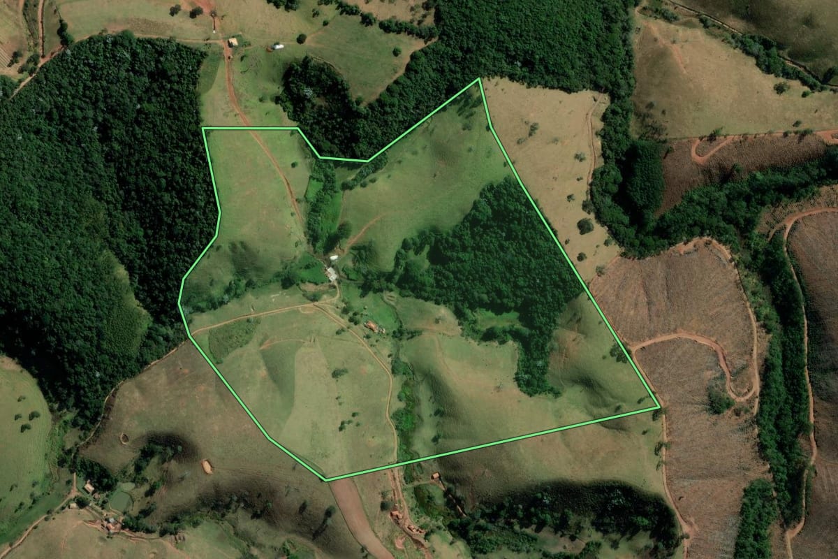 Imagem de satélite do imóvel rural em Cunha (SP), com o contorno declarado no CAR desenhado por cima.