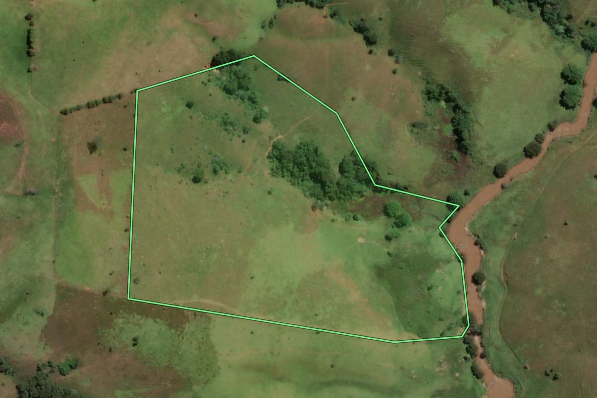 Imagem de satélite do imóvel rural em Cunha (SP), com o contorno declarado no CAR desenhado por cima.
